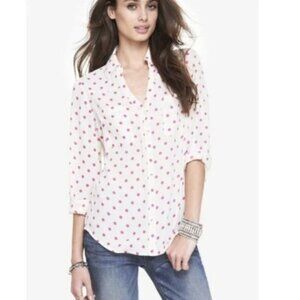 Express Portofino Shirt Womens Sze XS Cream Pink Polka Dot Button Up Long Sleeve